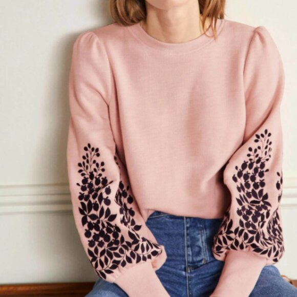Boden Embroidered Blouson Sweatshirt - Soft pink with navy embroidery on sleeves - Picture 4 of 4